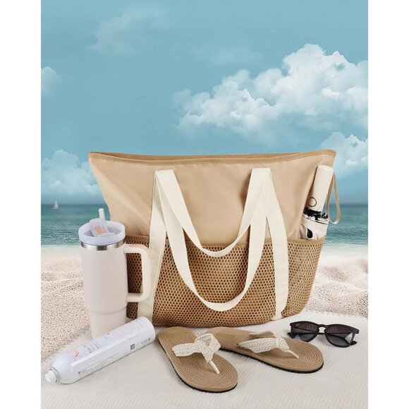 Women Khaki Beach Bag Large Waterproof Sandproof Foldable Tote With Zipper Mesh - Picture 7 of 8